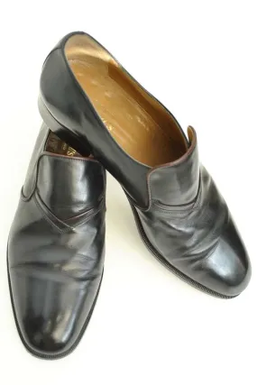 1970s Vintage Men's Black Leather Mod Loafers Slip on Dress Shoes • Size 41.5