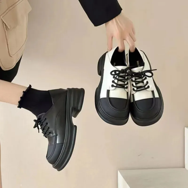 ADVBRIDGE  2024 New Vintage Round Toe Thick Sole Women's Shoe Lacing Platform Loafers Kawaii Casual Mary Jane High Heels Girl