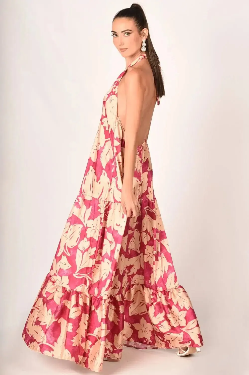 Alessandra Floral Satin Silk Backless Maxi Dress