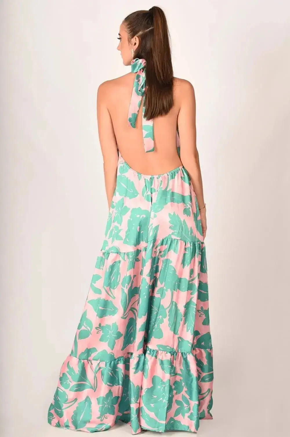 Alessandra Floral Satin Silk Backless Maxi Dress