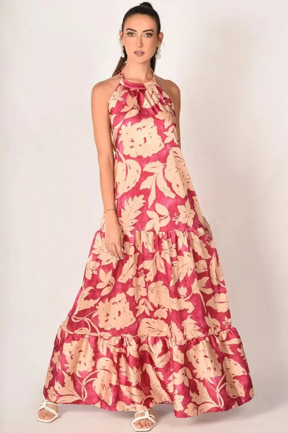 Alessandra Floral Satin Silk Backless Maxi Dress