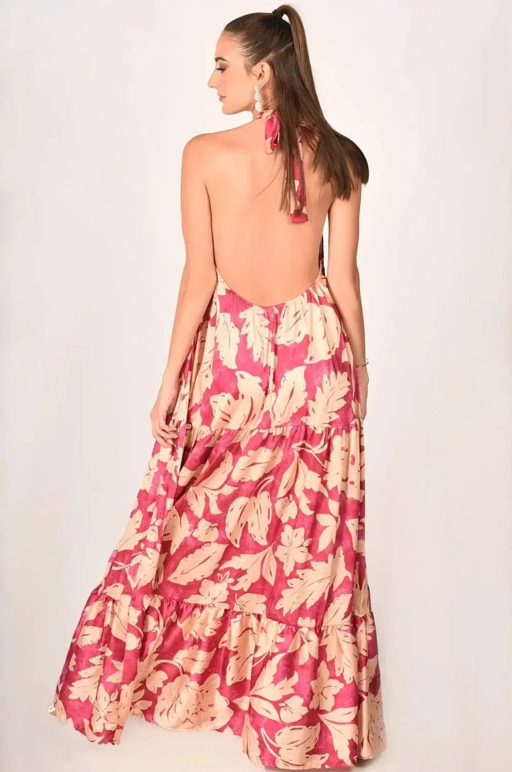 Alessandra Floral Satin Silk Backless Maxi Dress