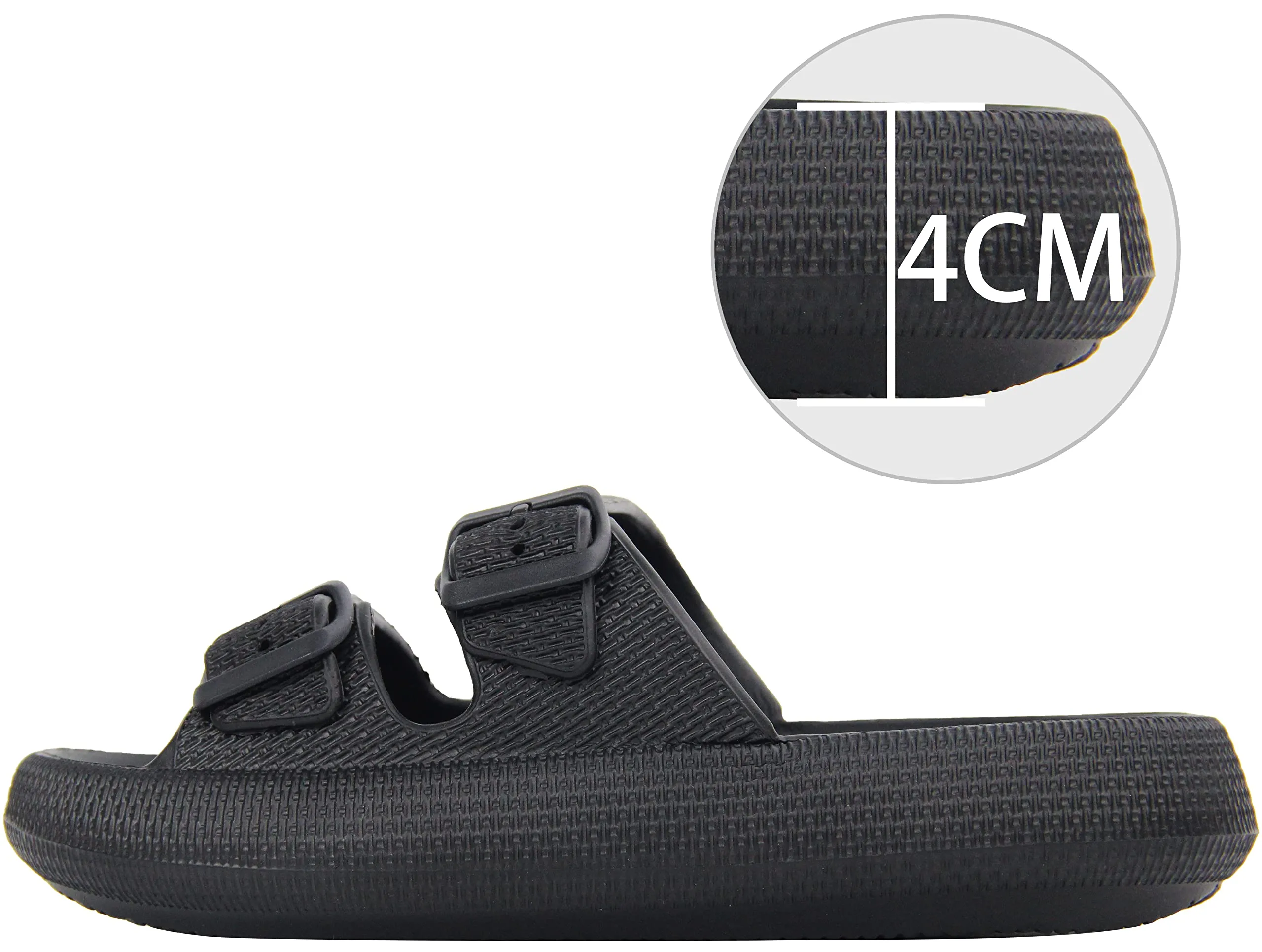 BenSorts Pillow Slippers for Women and Men Cute Rubber Sandal Adjustable Buckles Soft Slides Shower Spa Bath House Slippers Indoor Outdoor Black Men Size 8.5 9 9.5 Women Size 9.5 10 10.5