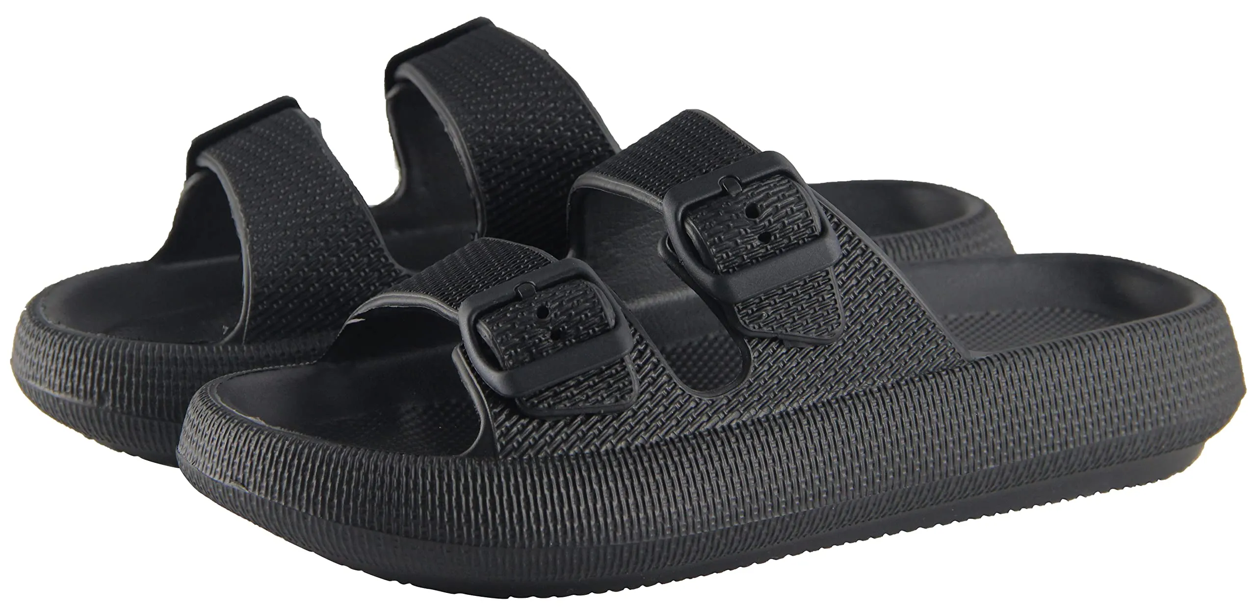 BenSorts Pillow Slippers for Women and Men Cute Rubber Sandal Adjustable Buckles Soft Slides Shower Spa Bath House Slippers Indoor Outdoor Black Men Size 8.5 9 9.5 Women Size 9.5 10 10.5