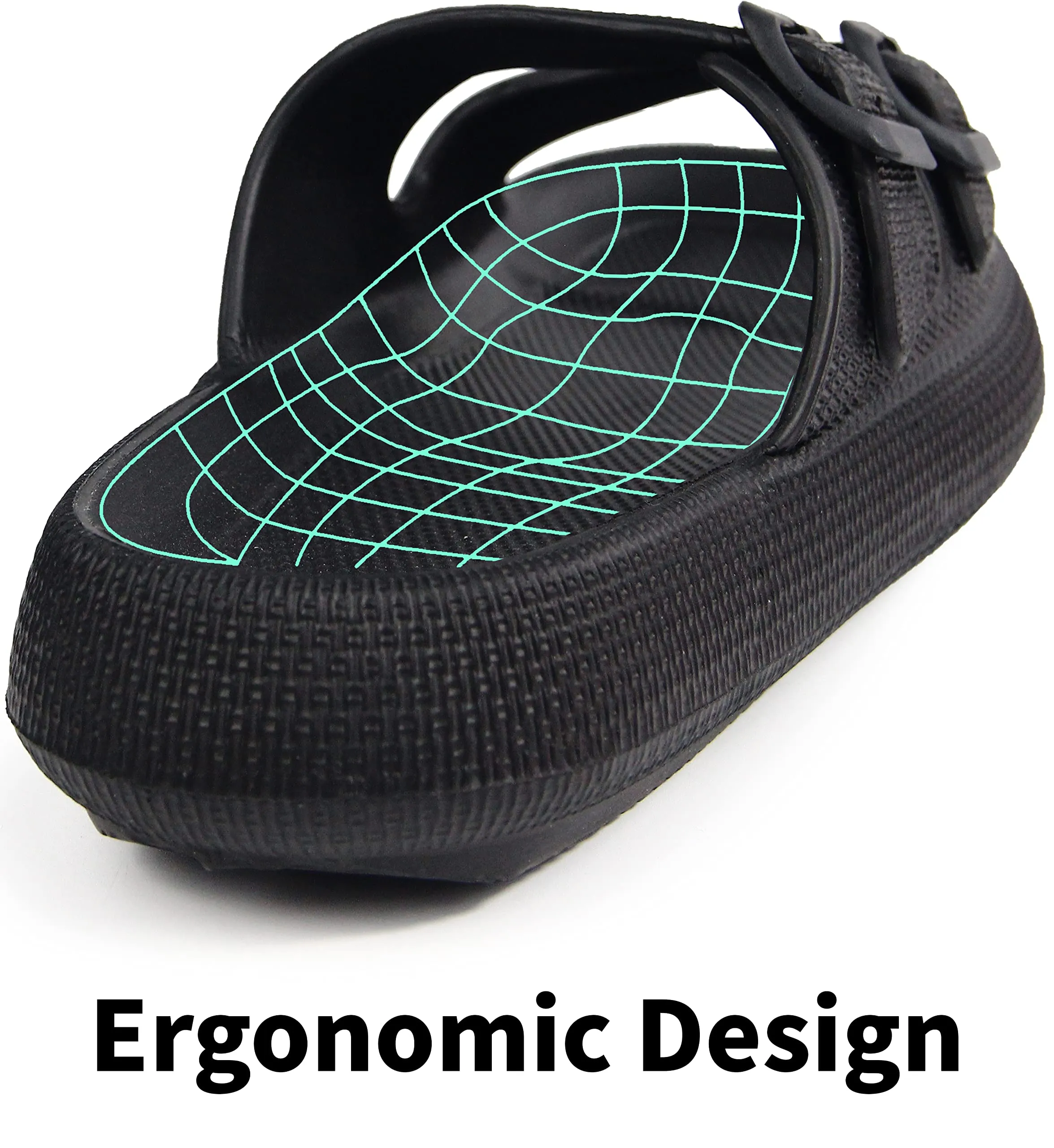 BenSorts Pillow Slippers for Women and Men Cute Rubber Sandal Adjustable Buckles Soft Slides Shower Spa Bath House Slippers Indoor Outdoor Black Men Size 8.5 9 9.5 Women Size 9.5 10 10.5