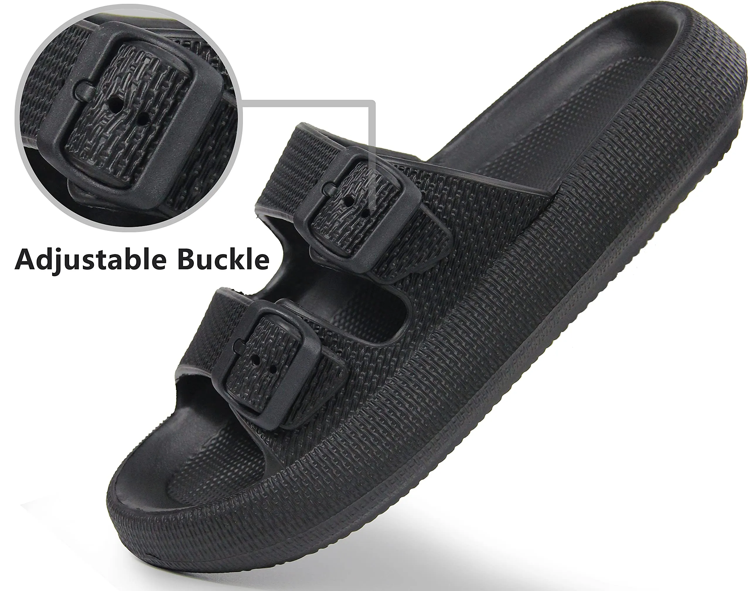 BenSorts Pillow Slippers for Women and Men Cute Rubber Sandal Adjustable Buckles Soft Slides Shower Spa Bath House Slippers Indoor Outdoor Black Men Size 8.5 9 9.5 Women Size 9.5 10 10.5