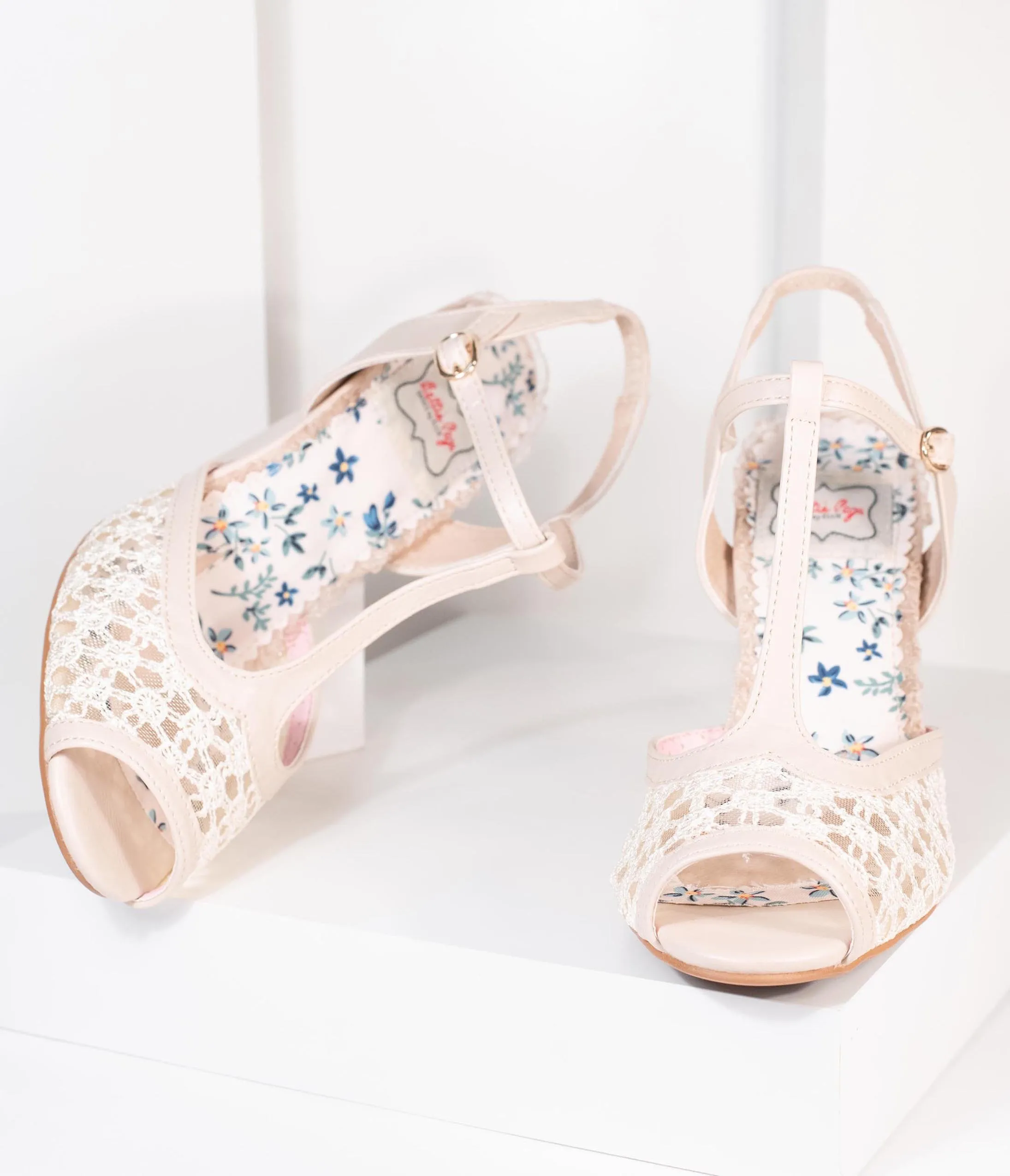 Bettie Page Beige Lace Brooklyn T-Strap Heels