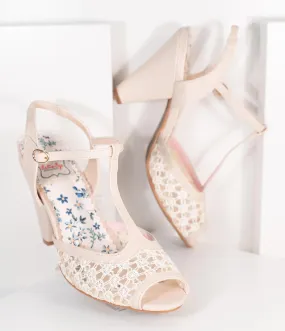 Bettie Page Beige Lace Brooklyn T-Strap Heels