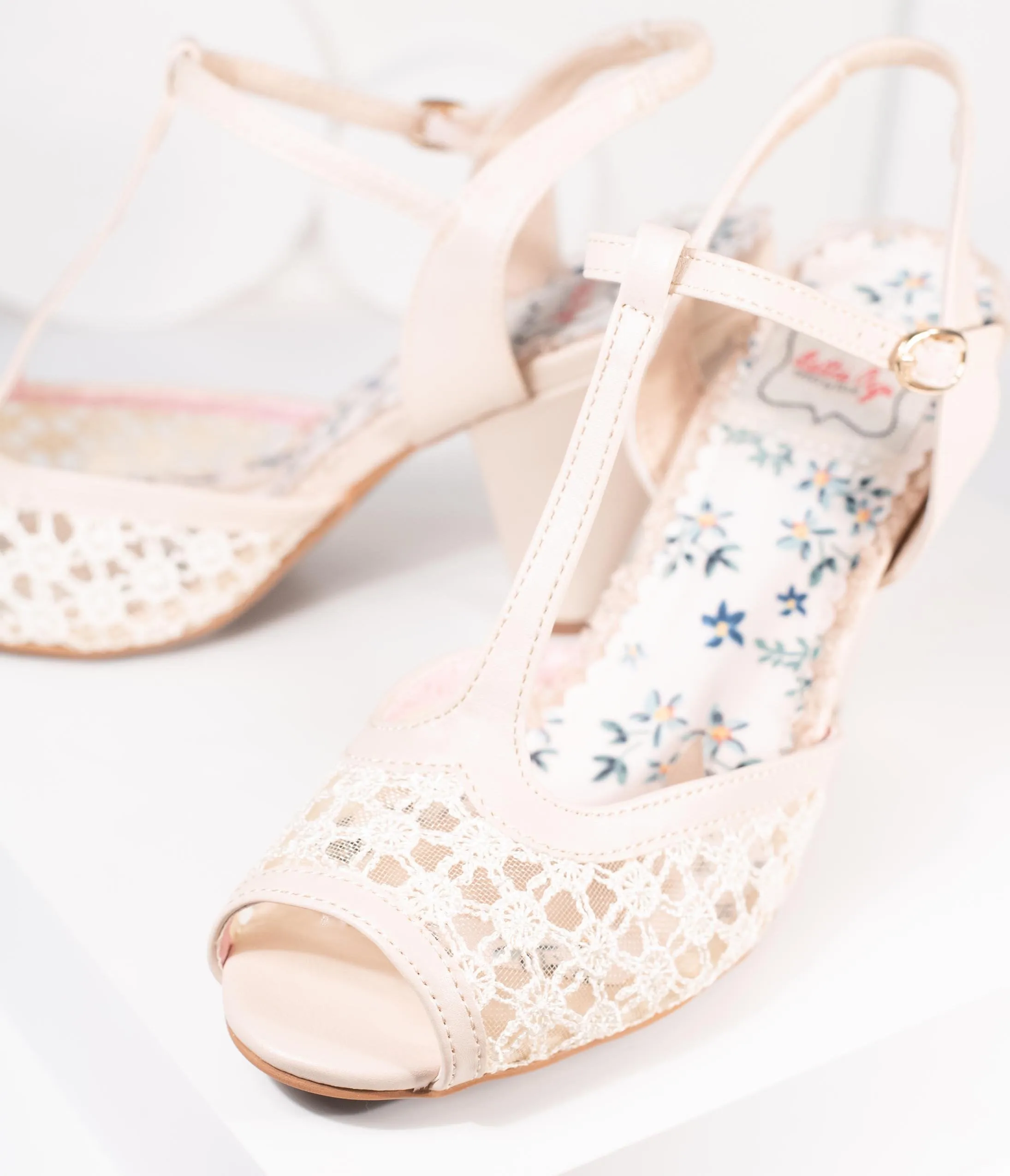 Bettie Page Beige Lace Brooklyn T-Strap Heels