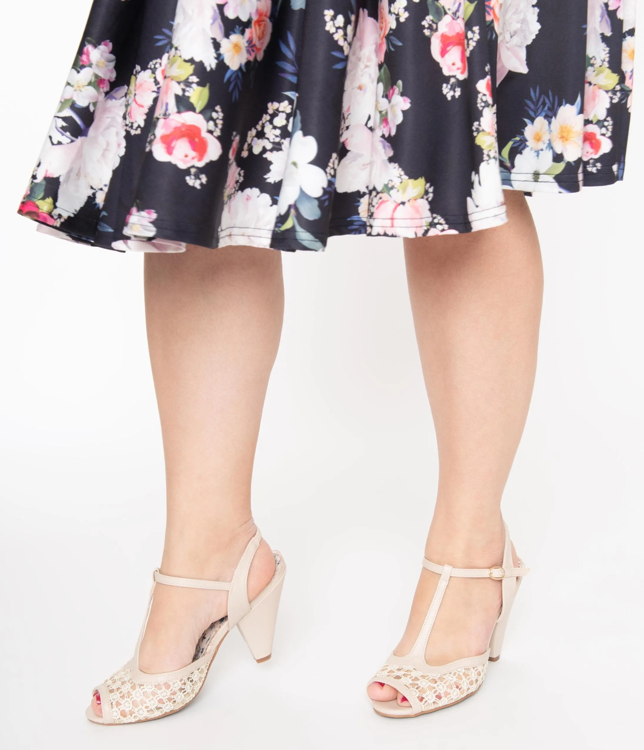 Bettie Page Beige Lace Brooklyn T-Strap Heels