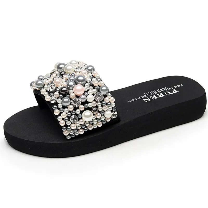 Black Crystal Handmade Pearl Wedge Slippers