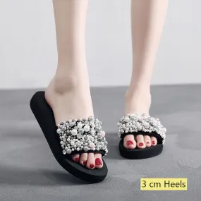 Black Crystal Handmade Pearl Wedge Slippers