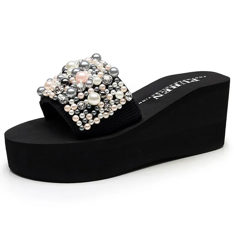 Black Crystal Handmade Pearl Wedge Slippers
