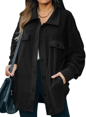 Black Womens Button Down Shirts Shacket Jackets Mid Length Trench Pea Coat - FARYSAYS