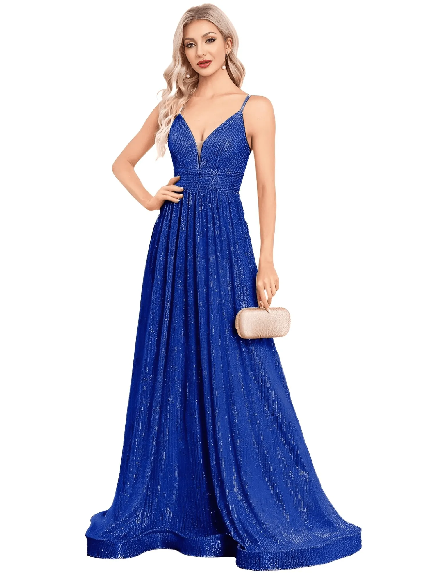 Elegant Deep V-Neck Sequin Evening Gown For Women