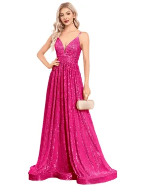 Elegant Deep V-Neck Sequin Evening Gown For Women