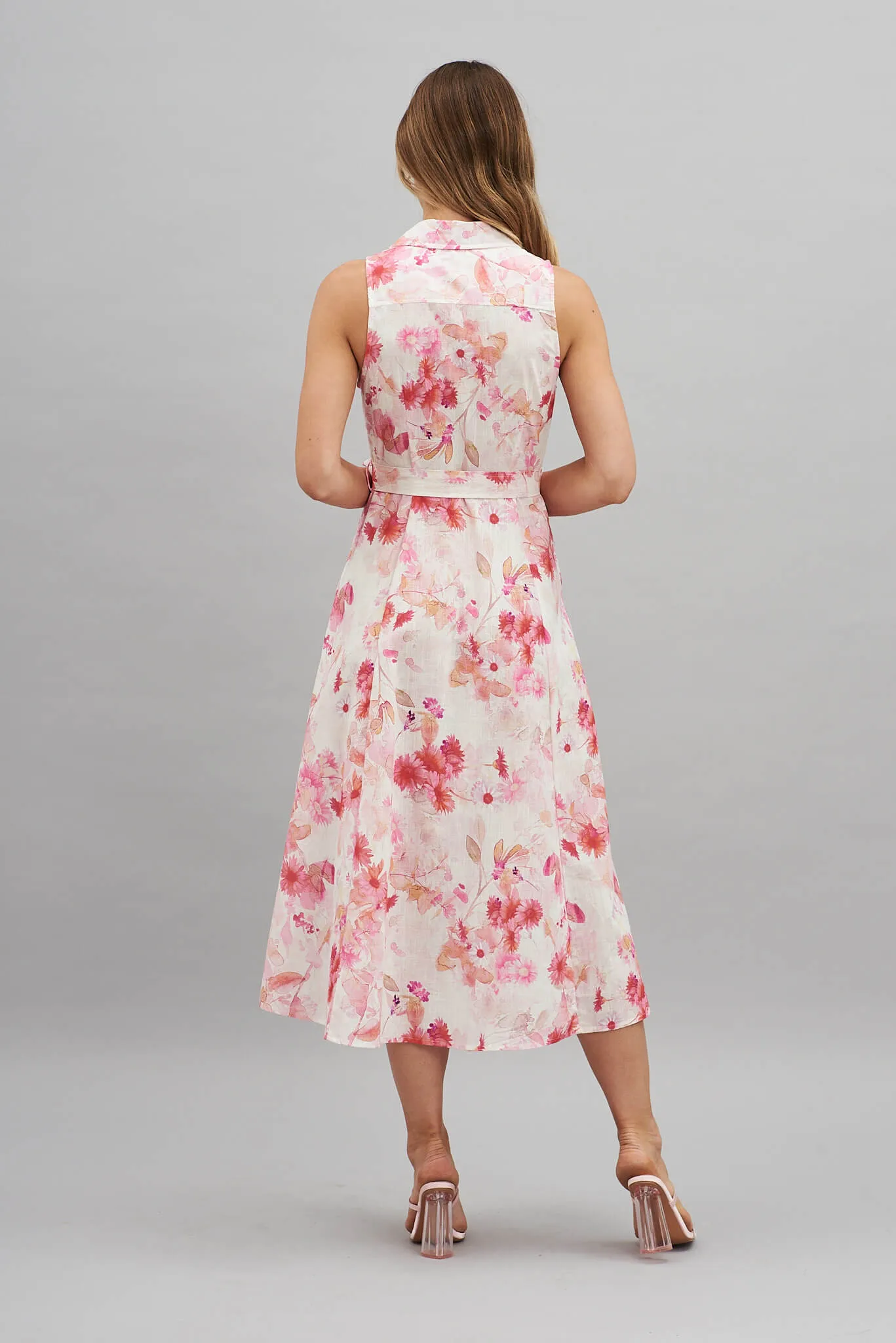 Epic Midi Shirt Dress In White With Pink Floral Print Cotton Linen