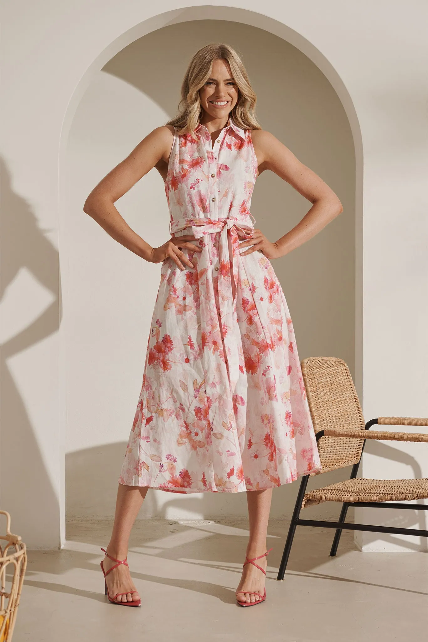 Epic Midi Shirt Dress In White With Pink Floral Print Cotton Linen