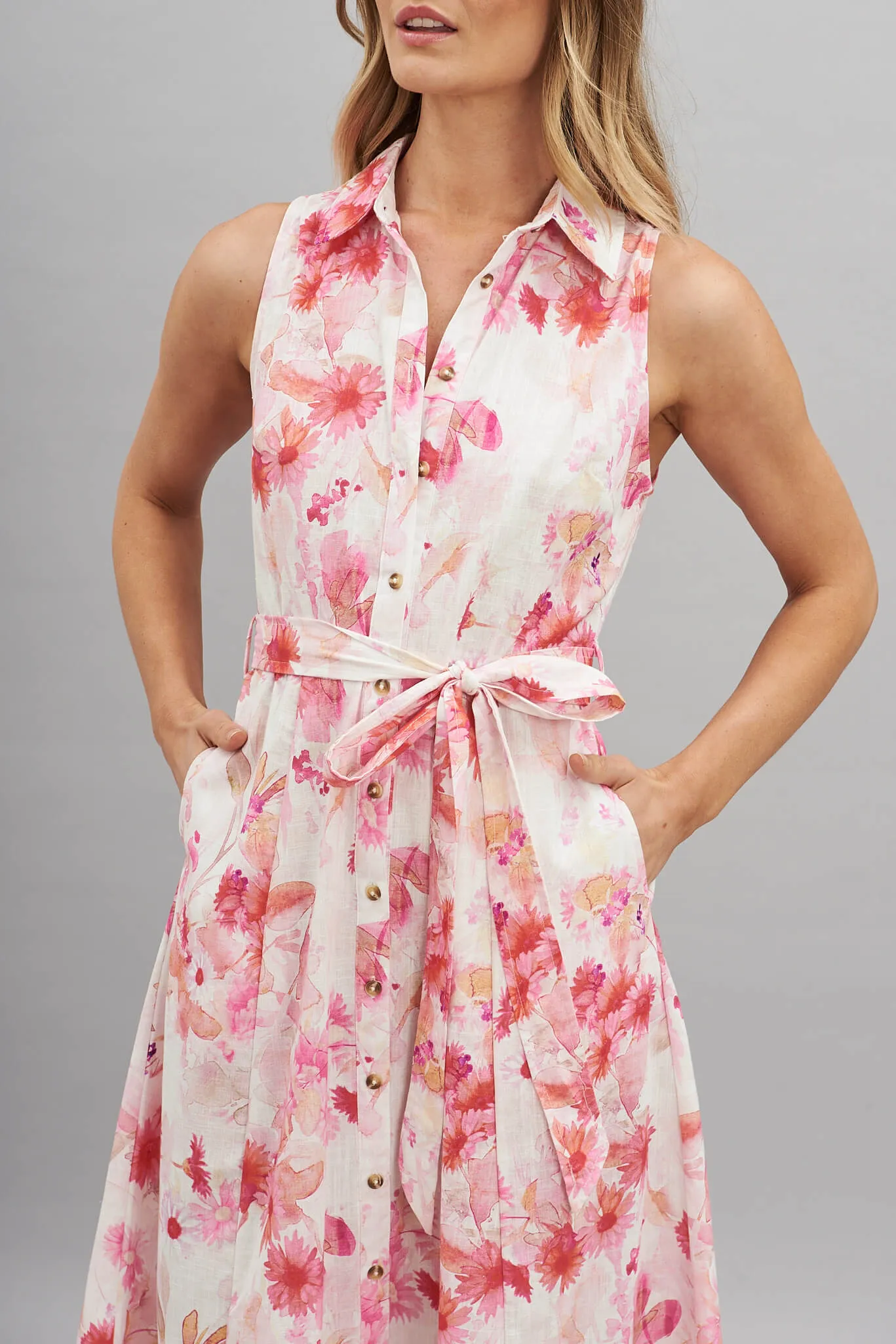Epic Midi Shirt Dress In White With Pink Floral Print Cotton Linen