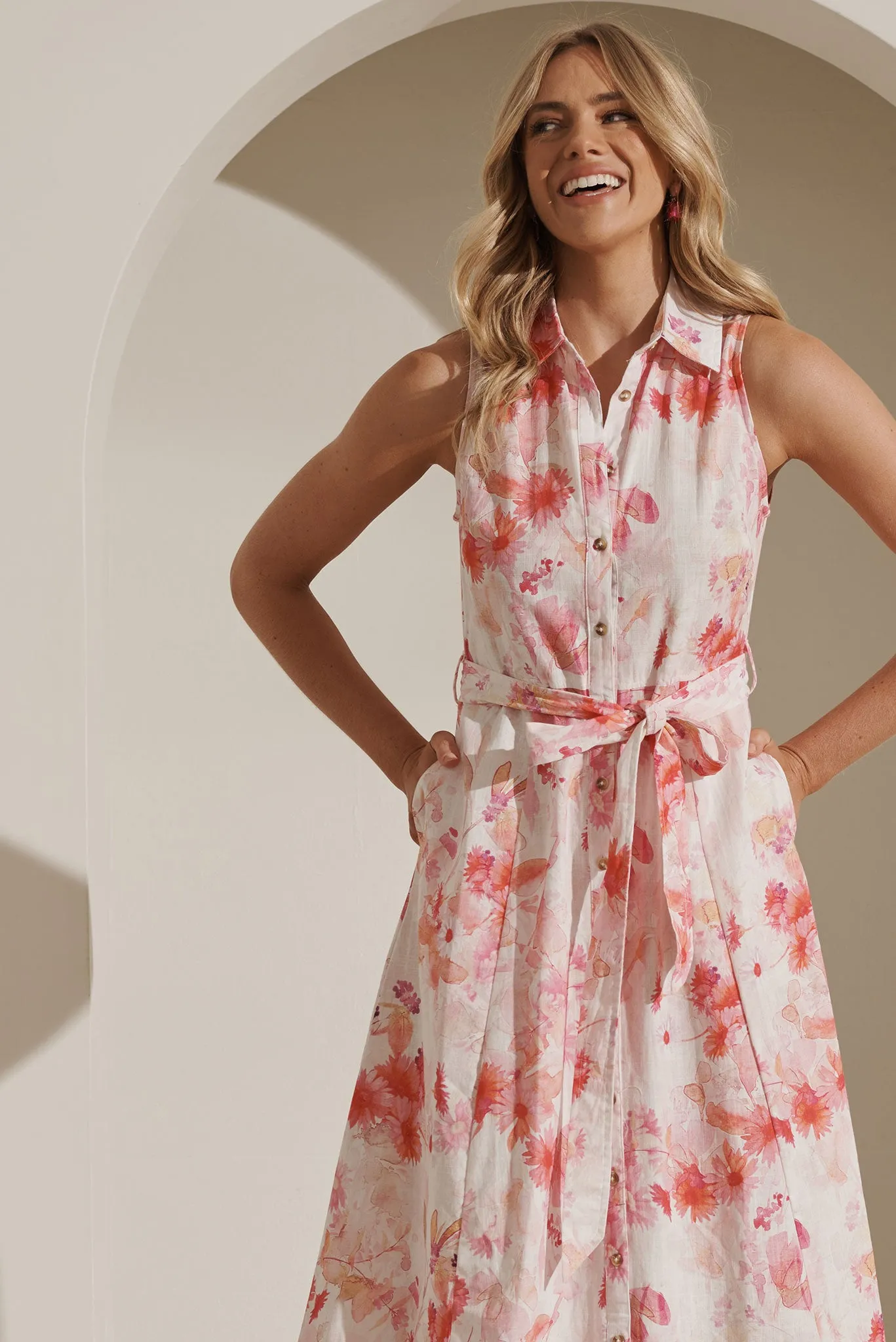 Epic Midi Shirt Dress In White With Pink Floral Print Cotton Linen