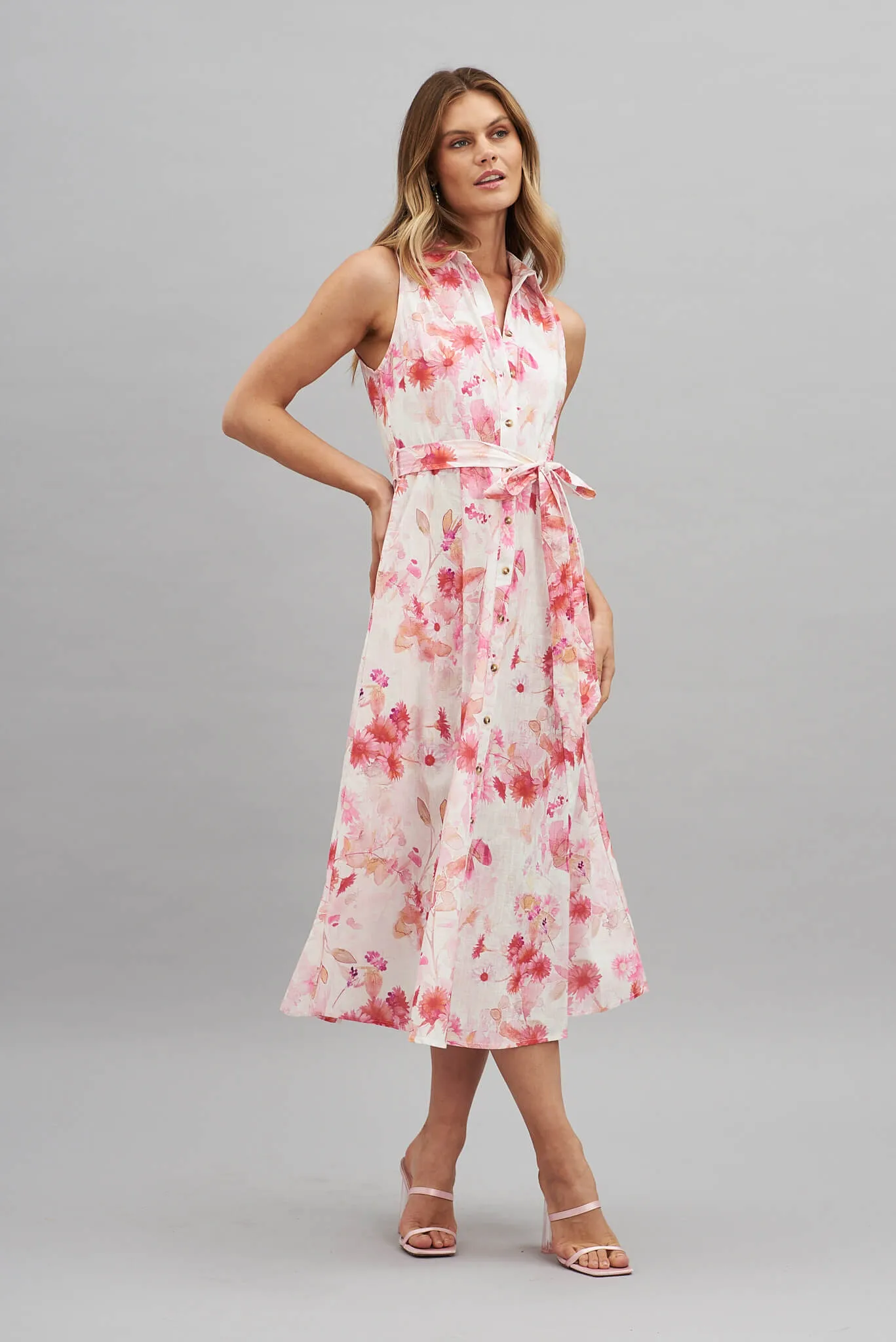Epic Midi Shirt Dress In White With Pink Floral Print Cotton Linen