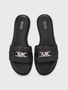 MICHAEL KORS EMBER EMBELLISHED STRAW SLIDE SLIPPERS - BLACK