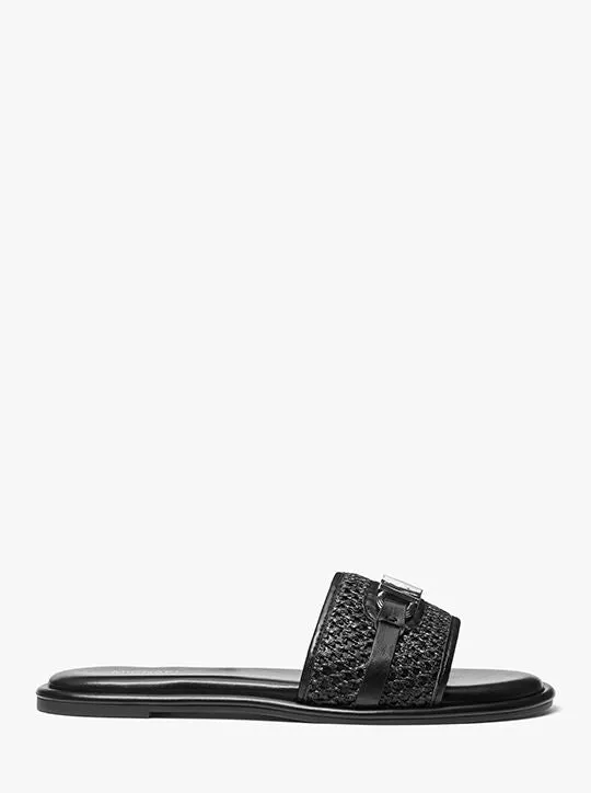 MICHAEL KORS EMBER EMBELLISHED STRAW SLIDE SLIPPERS - BLACK