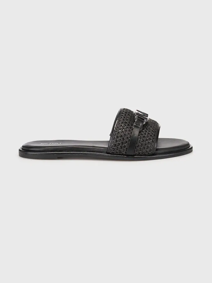MICHAEL KORS EMBER EMBELLISHED STRAW SLIDE SLIPPERS - BLACK