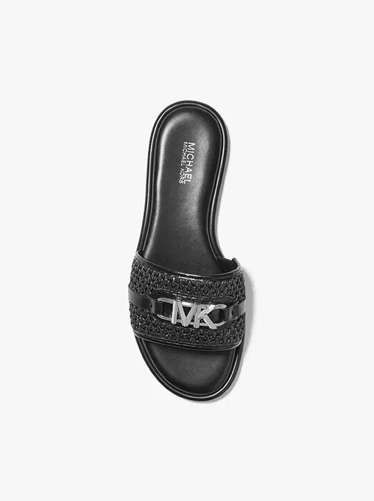 MICHAEL KORS EMBER EMBELLISHED STRAW SLIDE SLIPPERS - BLACK