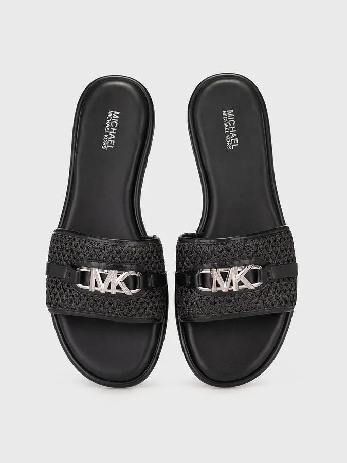 MICHAEL KORS EMBER EMBELLISHED STRAW SLIDE SLIPPERS - BLACK