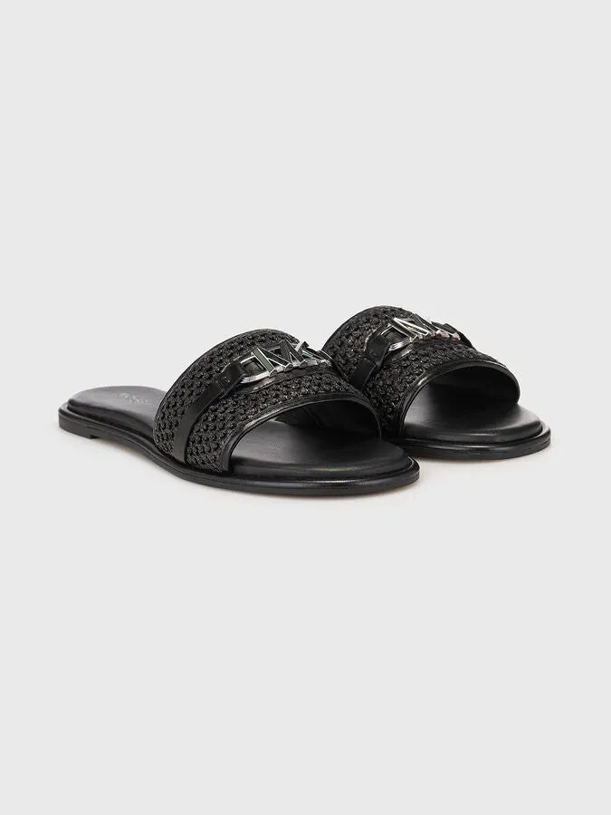 MICHAEL KORS EMBER EMBELLISHED STRAW SLIDE SLIPPERS - BLACK