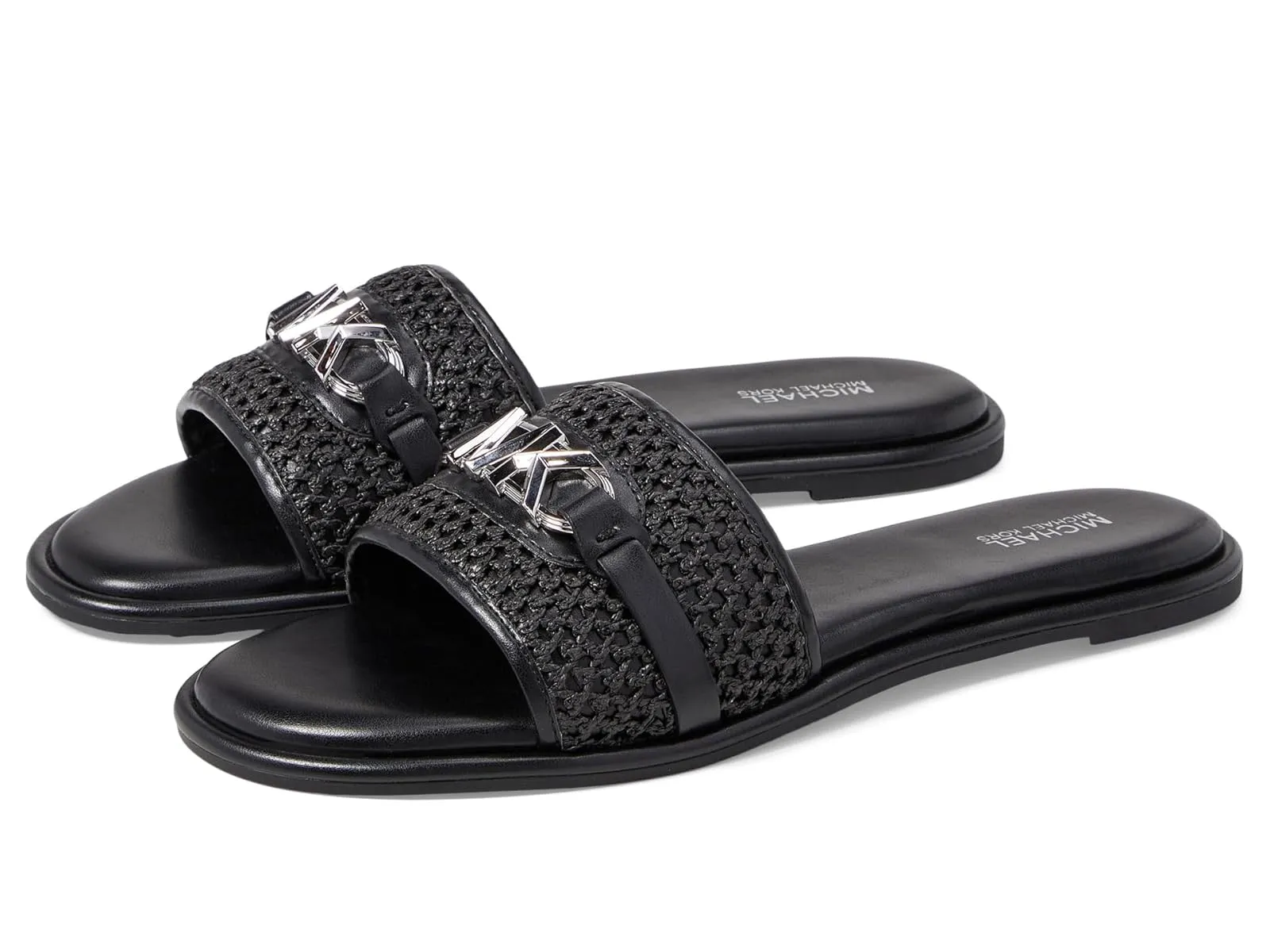 MICHAEL KORS EMBER EMBELLISHED STRAW SLIDE SLIPPERS - BLACK
