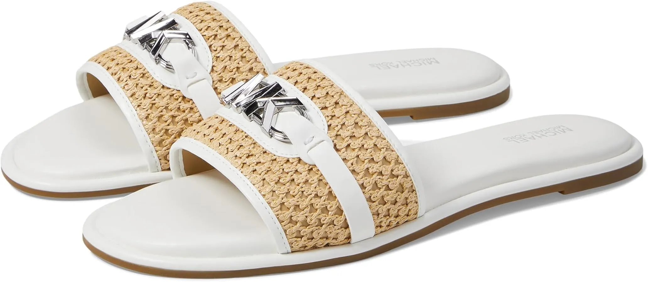 MICHAEL KORS EMBER EMBELLISHED STRAW SLIDE SLIPPERS - WHITE