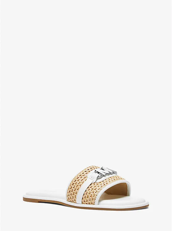 MICHAEL KORS EMBER EMBELLISHED STRAW SLIDE SLIPPERS - WHITE