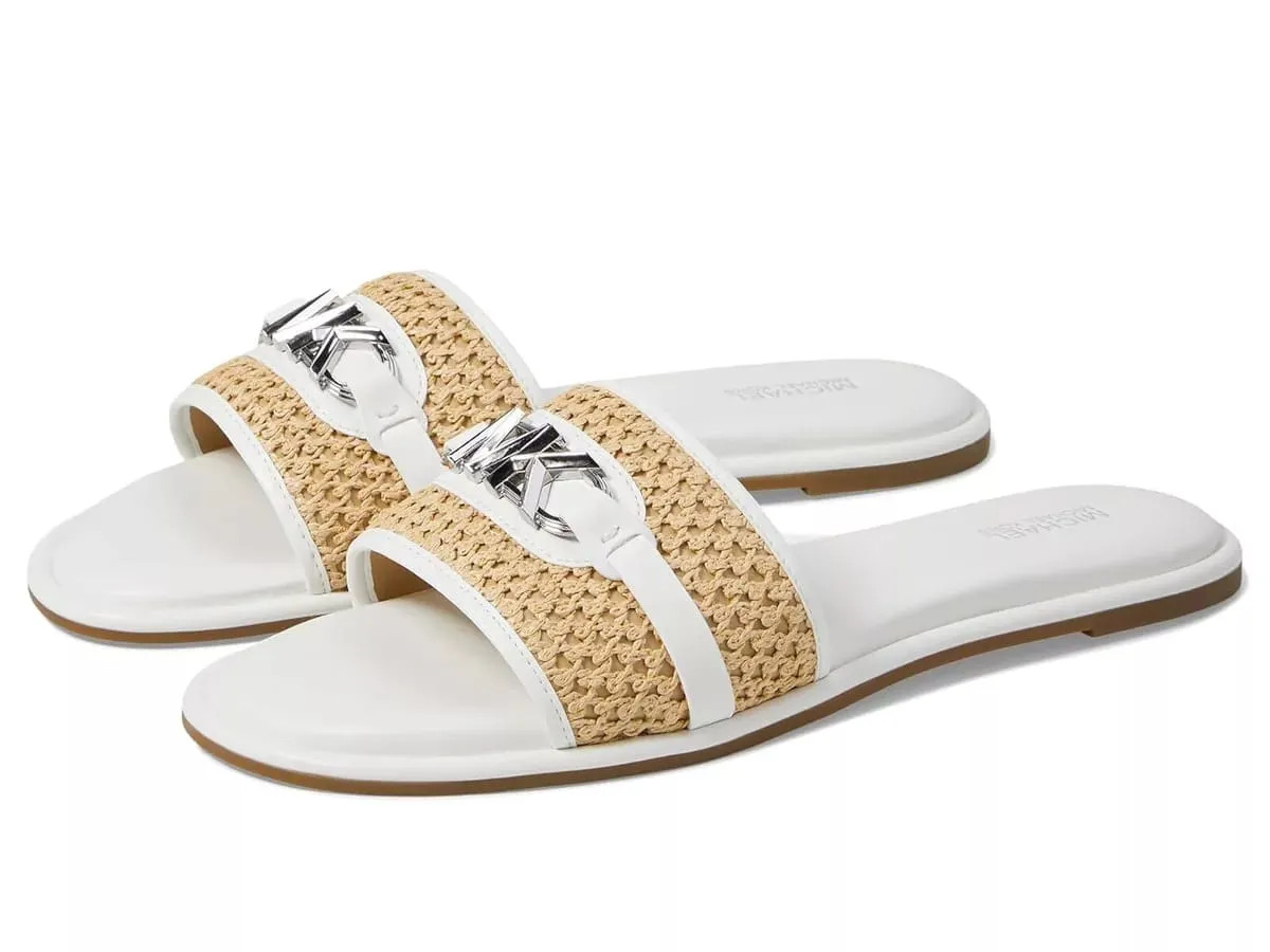 MICHAEL KORS EMBER EMBELLISHED STRAW SLIDE SLIPPERS - WHITE