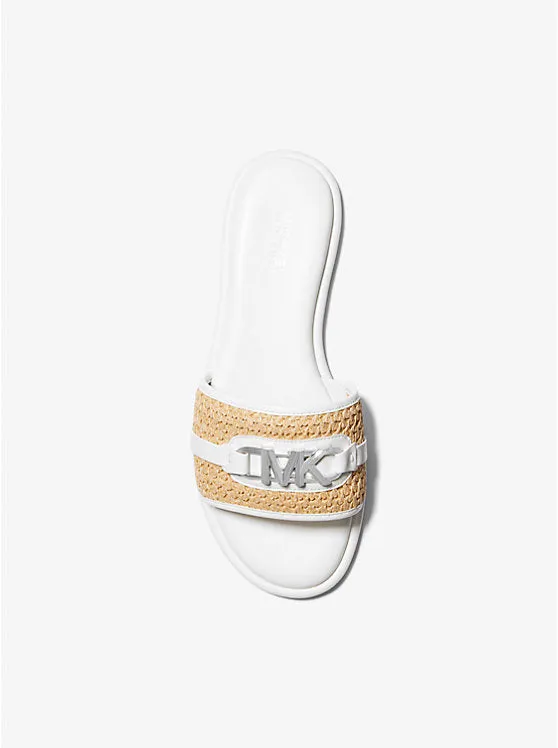 MICHAEL KORS EMBER EMBELLISHED STRAW SLIDE SLIPPERS - WHITE
