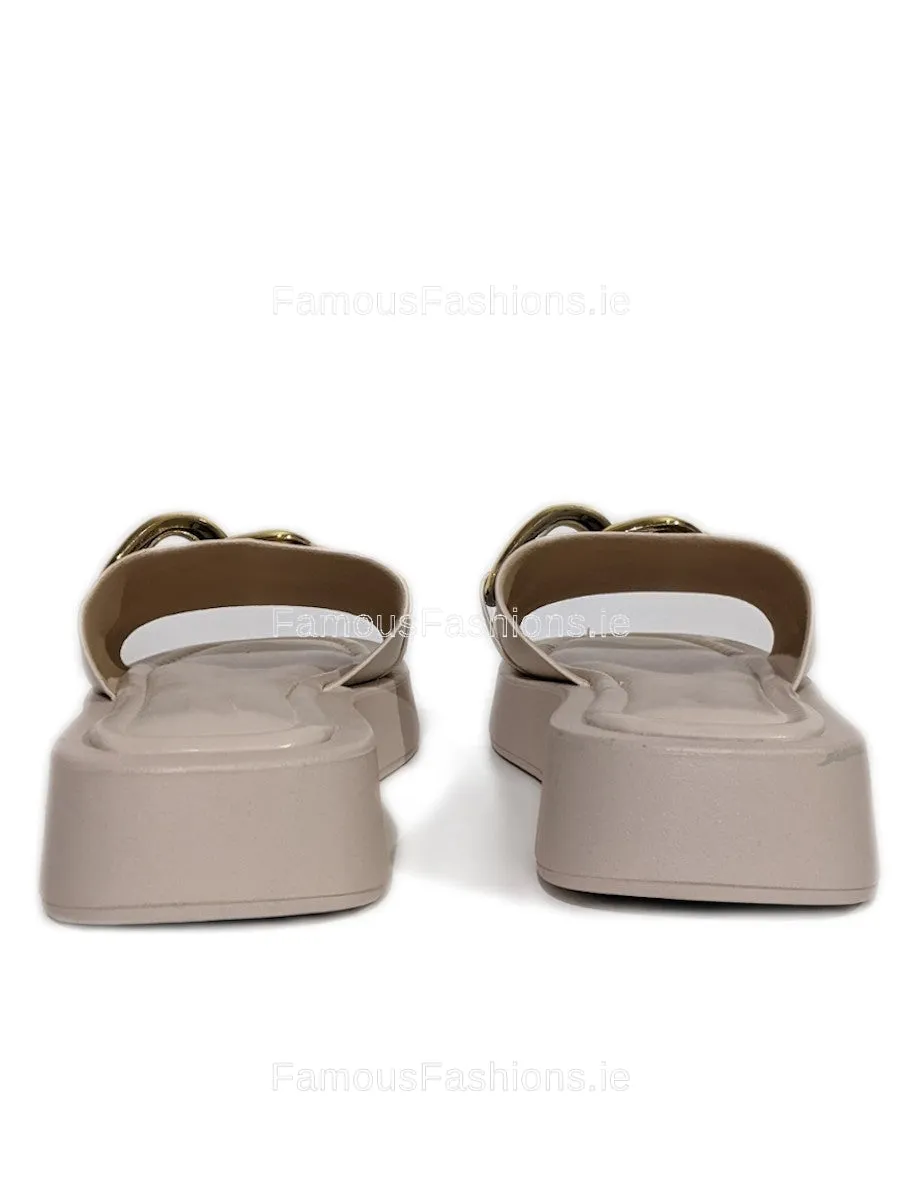 Nude Thick Sole Platform Sliders with Gold Buckle
