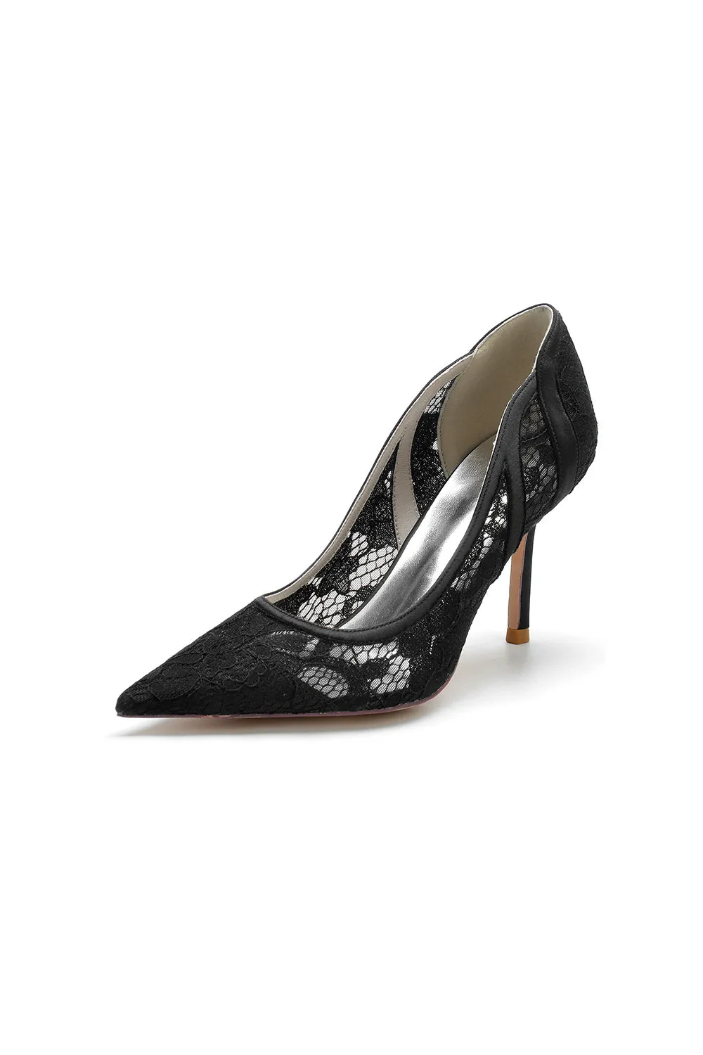 Pointed Toe Bridal Heels with Lace Appliques