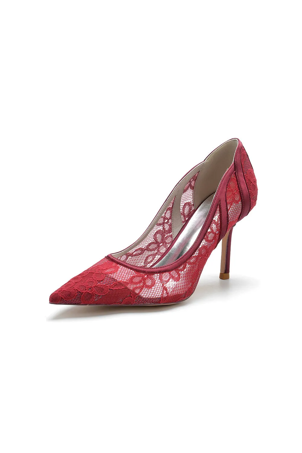 Pointed Toe Bridal Heels with Lace Appliques
