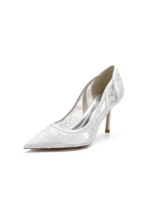 Pointed Toe Bridal Heels with Lace Appliques