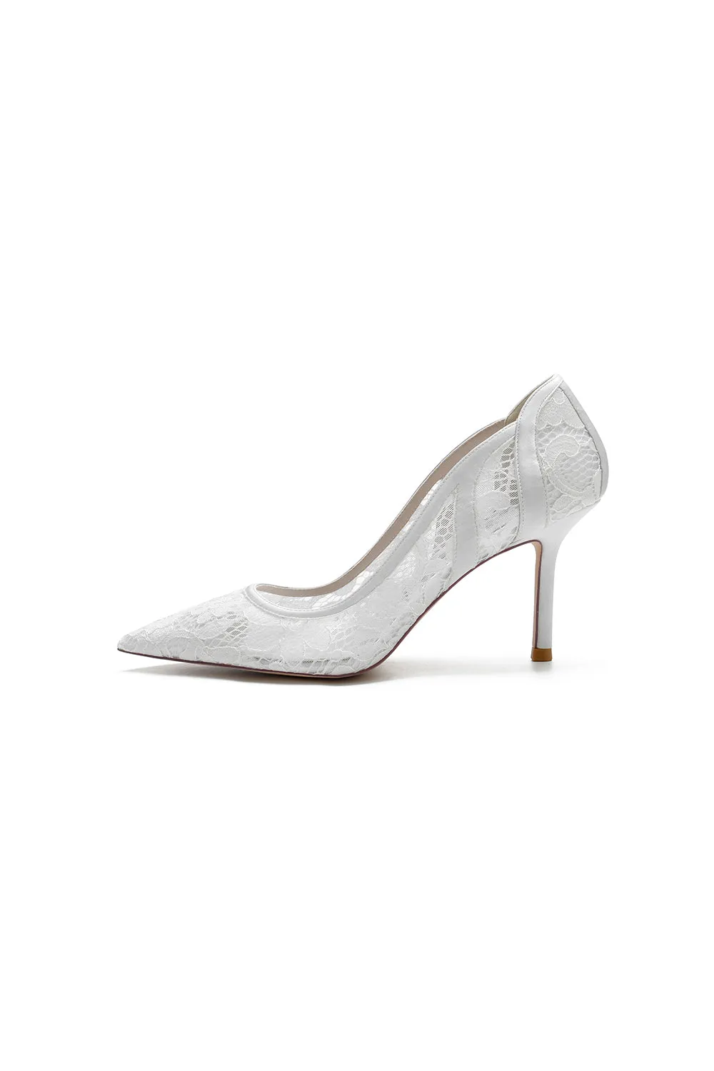 Pointed Toe Bridal Heels with Lace Appliques