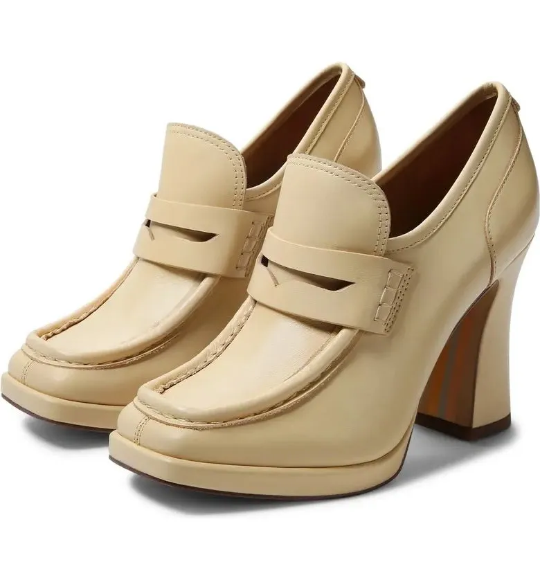 Sam Edelman Jeanette Eggshell Leather Slip On High Platform Penny Loafers Pump