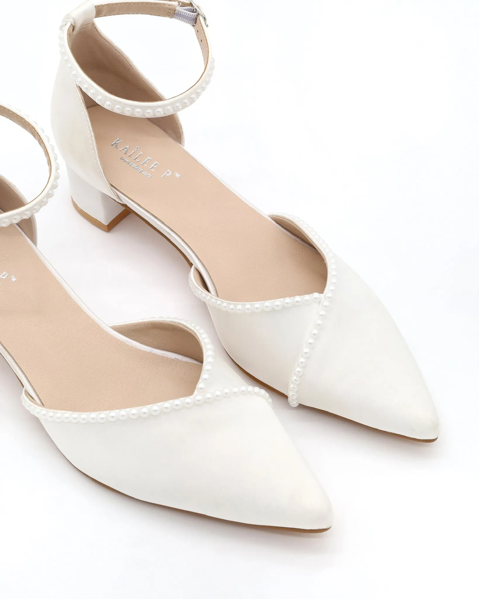 Satin Pointy Toe Low Block Heels Wedding Shoes with Mini Pearls
