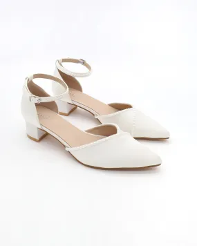 Satin Pointy Toe Low Block Heels Wedding Shoes with Mini Pearls