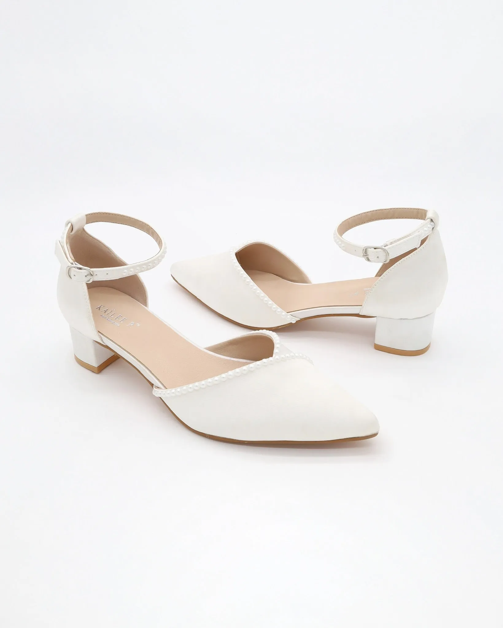Satin Pointy Toe Low Block Heels Wedding Shoes with Mini Pearls