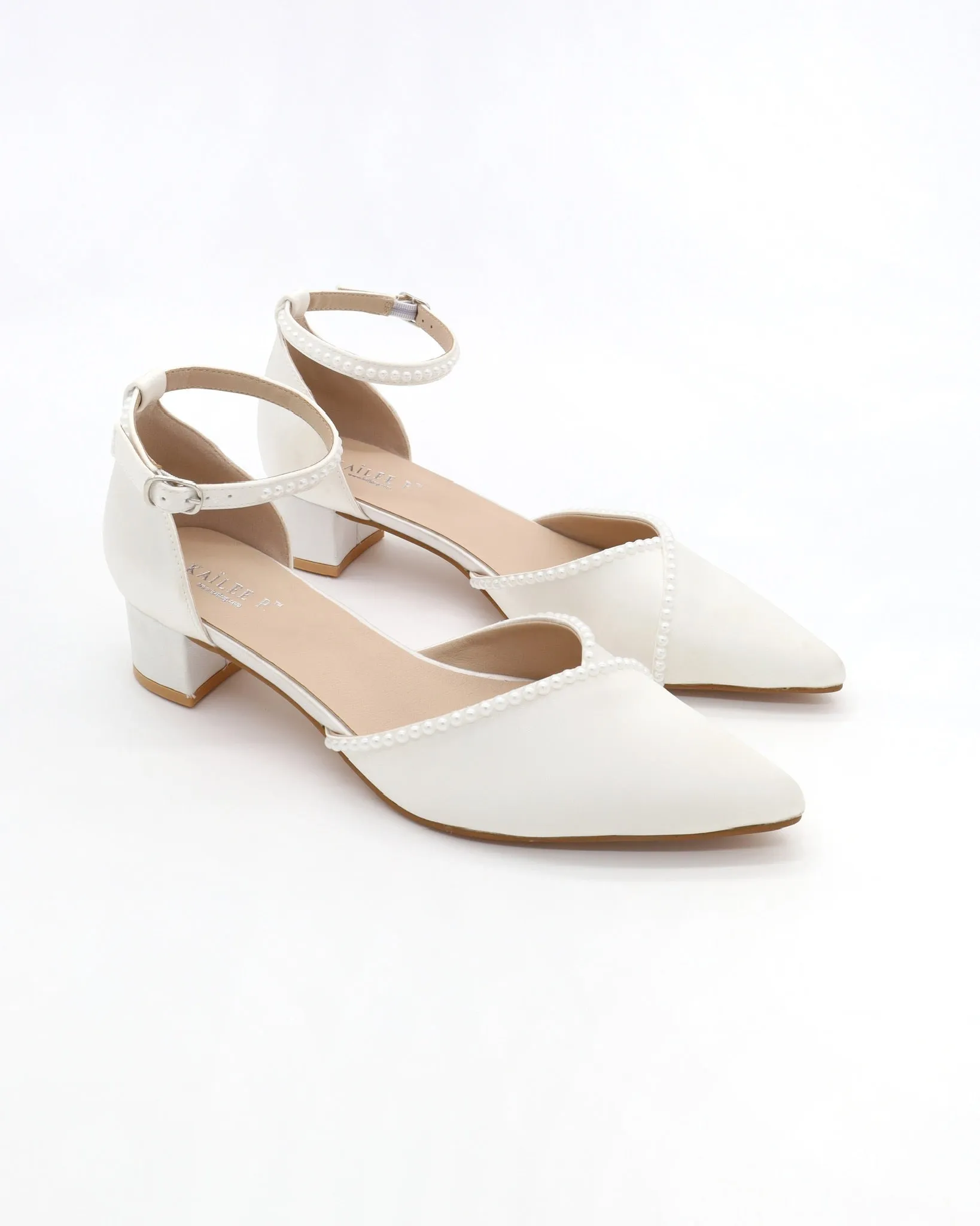 Satin Pointy Toe Low Block Heels Wedding Shoes with Mini Pearls
