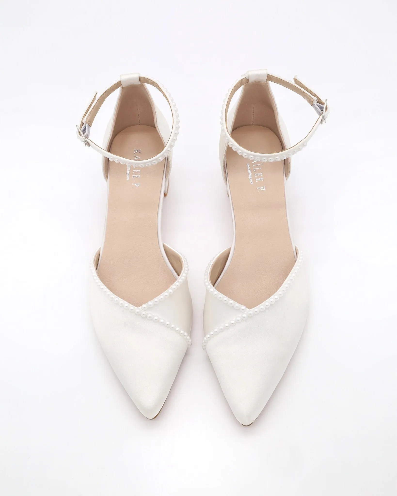 Satin Pointy Toe Low Block Heels Wedding Shoes with Mini Pearls