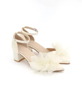Satin Pointy Toe Low Block Heels Wedding Shoes with Ophelia Flowers