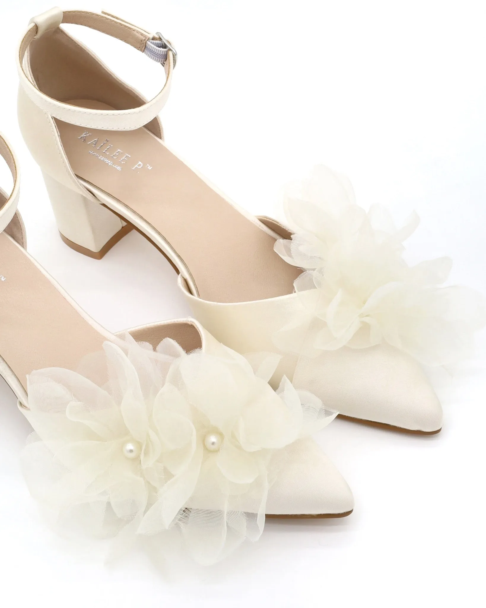 Satin Pointy Toe Low Block Heels Wedding Shoes with Ophelia Flowers
