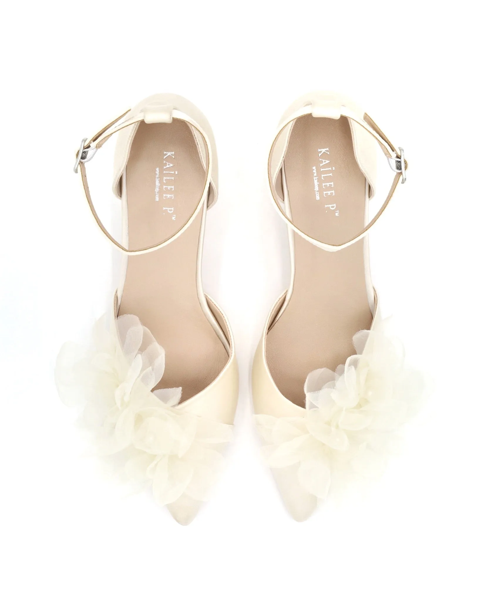 Satin Pointy Toe Low Block Heels Wedding Shoes with Ophelia Flowers